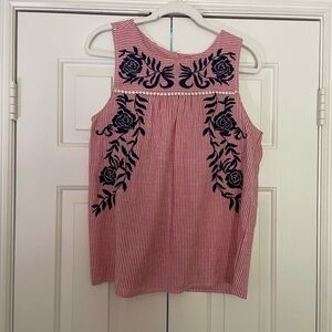 THML Red and Black Striped Sleeveless Blouse with Floral Design